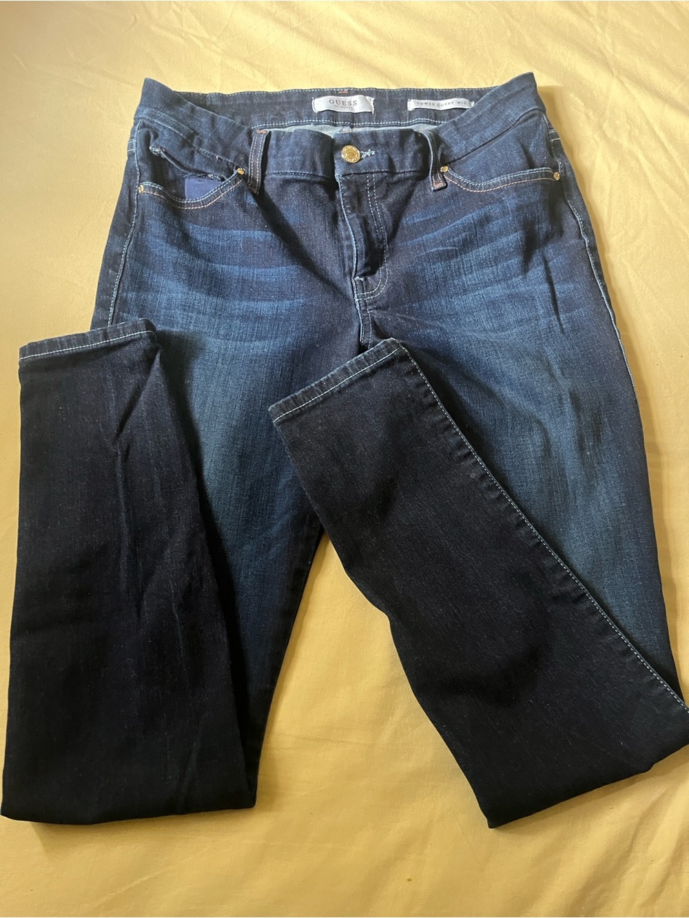 GUESS Power Cirvy Mid Dark Blue Denim Jeans with Brown Stitching Accents - Picture 2 of 7